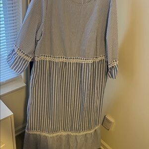 Striped Blue and White Maxi Dress with Lace Trim